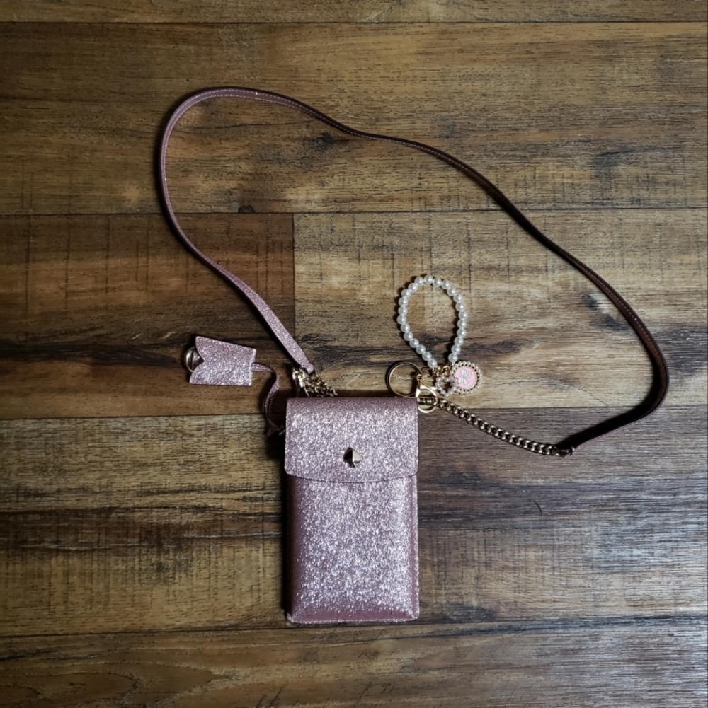 Kate Spade Rose Gold Glitter Crossbody Phone Pouch with Pearl Bow Charm